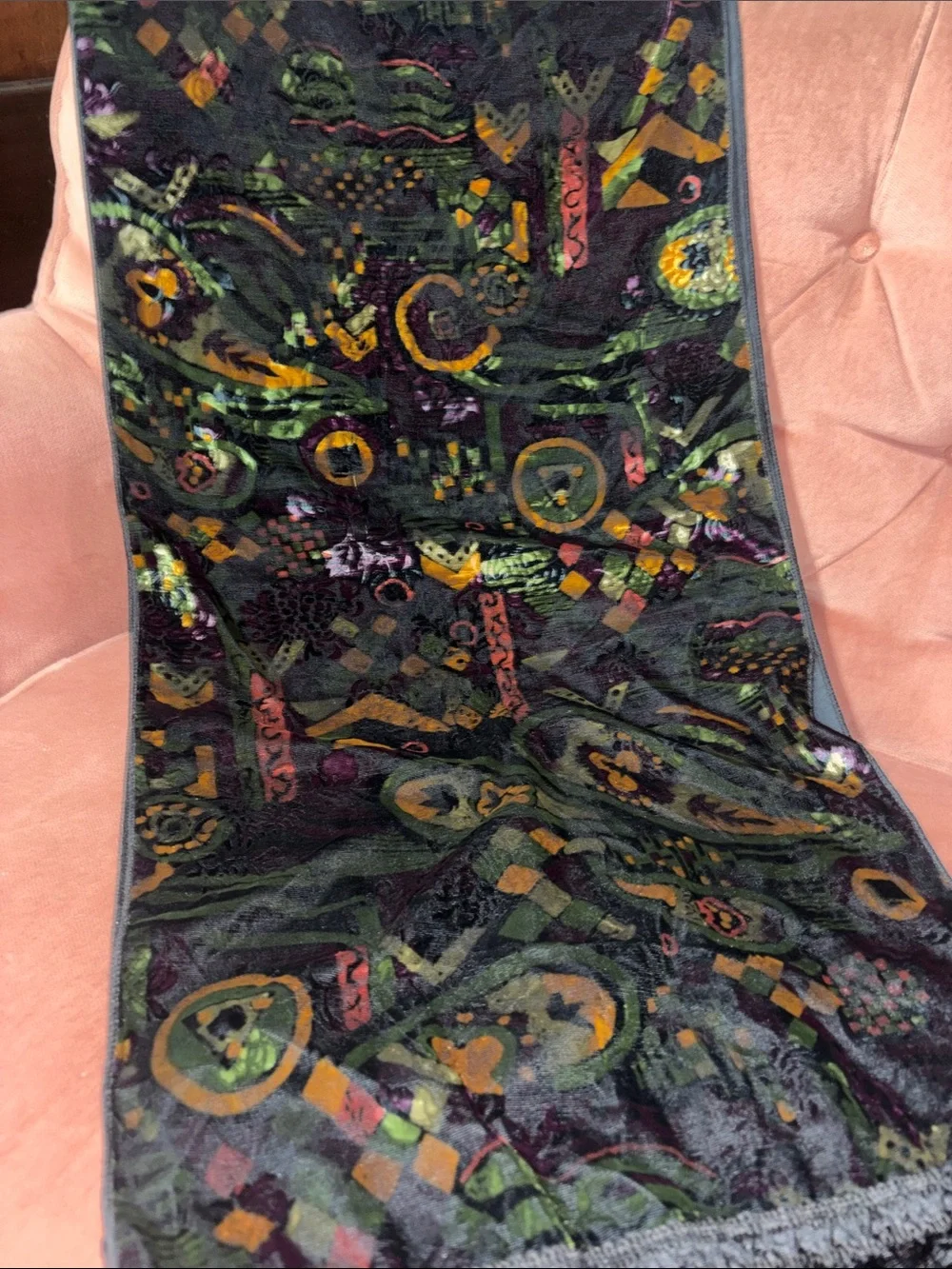 Stunning Vintage velvet burnout table runner fringe rich multicolor patterned